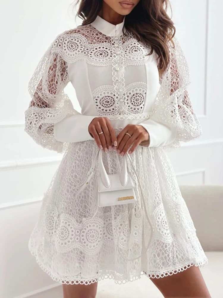 Mini robe à col rond pour femmes, couleur unie, vêtements de détente, mode, ajouré, manches lanterne