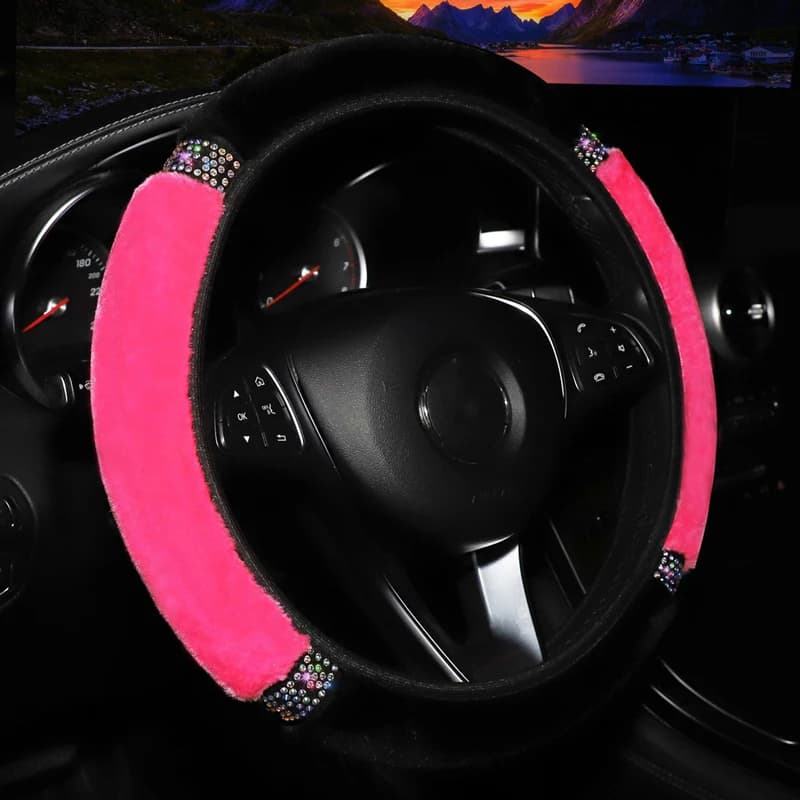 Housse de volant de voiture universelle en peluche douce avec strass de 37 à 38cm de diamètre, acces