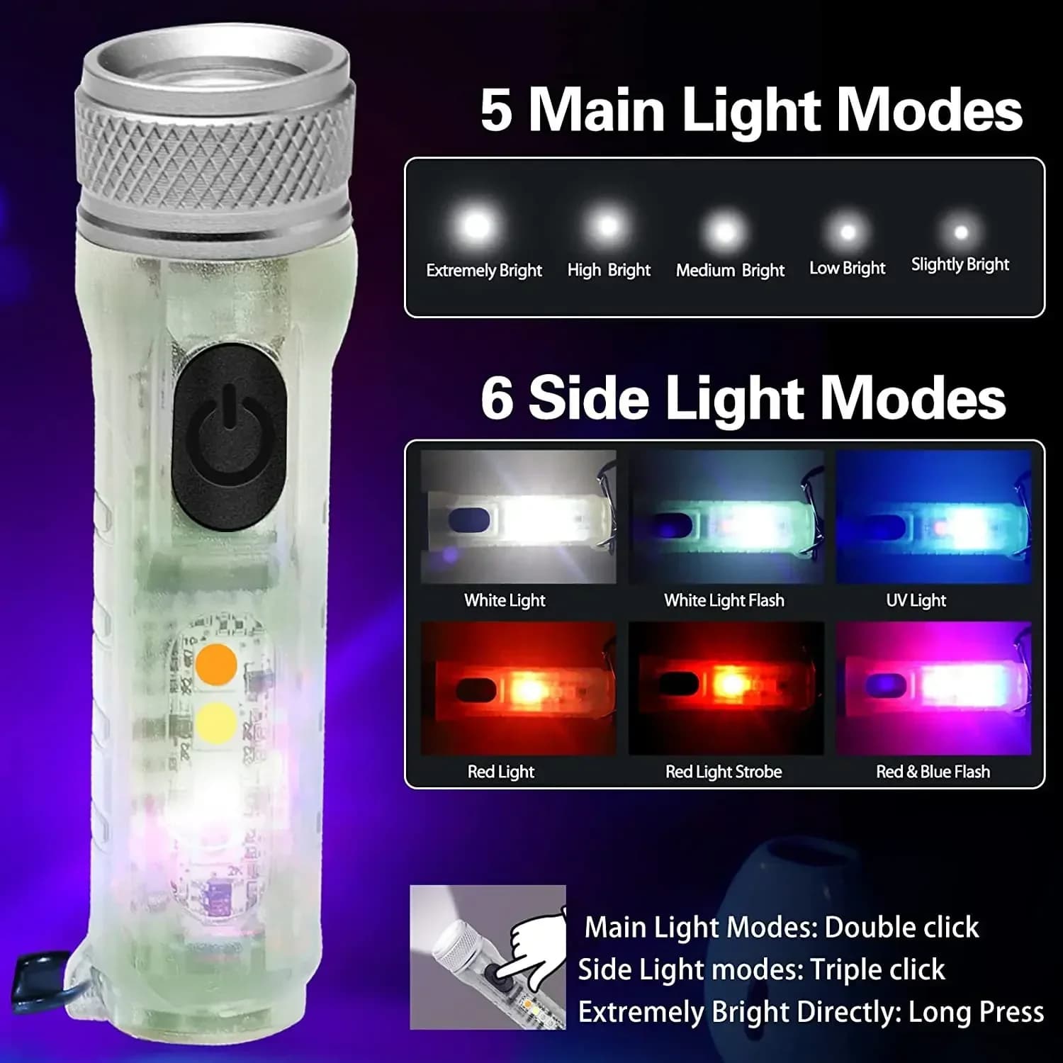 Lampe de poche fluorescente, Mini porte-clés, Rechargeable, multifonction, torche magnétique Portabl