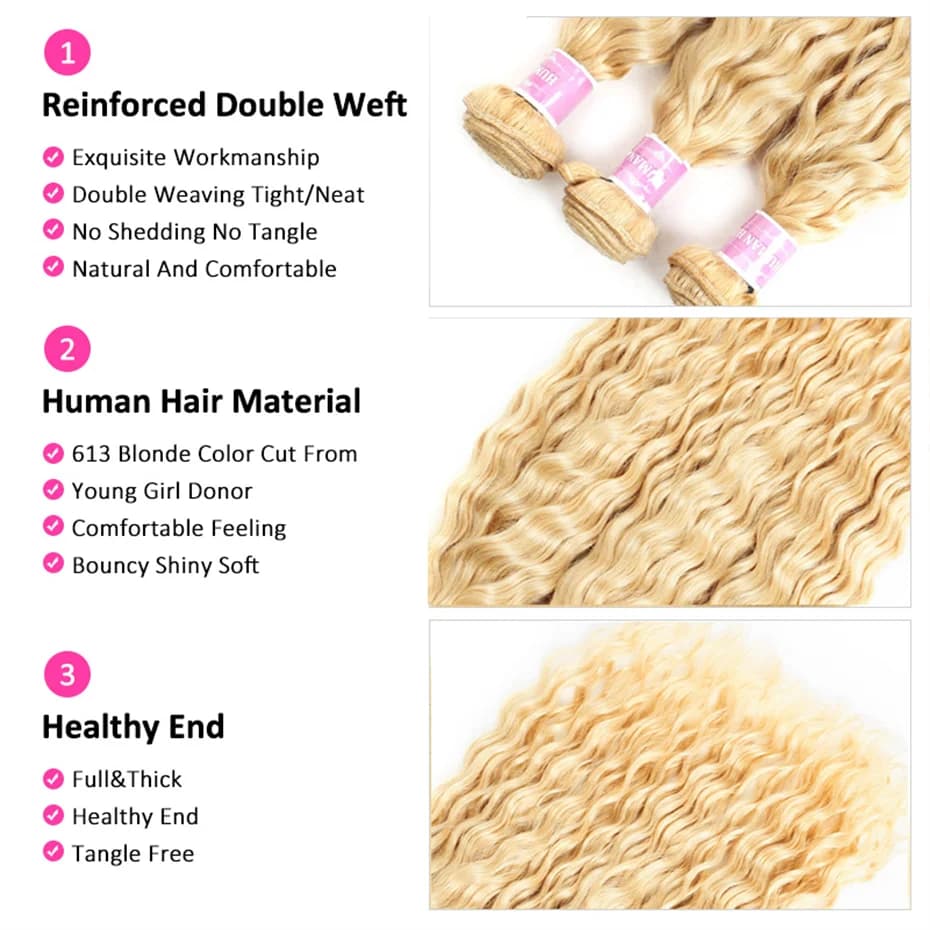 8-32 pouces vague profonde paquets de cheveux humains Remy cheveux brésiliens 613 couleur Blonde vag