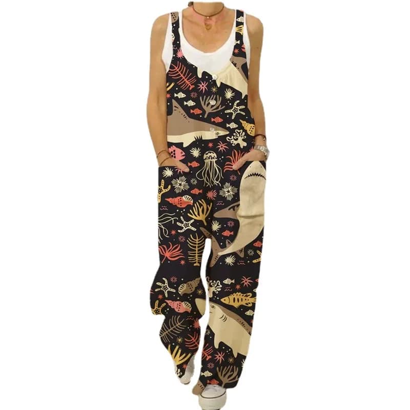 Combinaison en fibre florale pour femmes, style Boho, jambes larges, pantalons longs, bretelles, gra