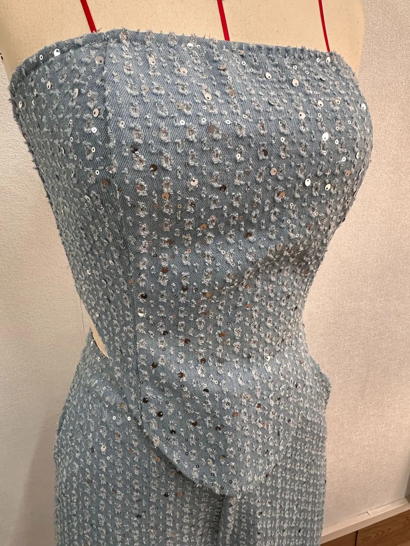 Ensemble en Denim à paillettes pour femmes, tunique sans bretelles, haut court à la taille et pantal