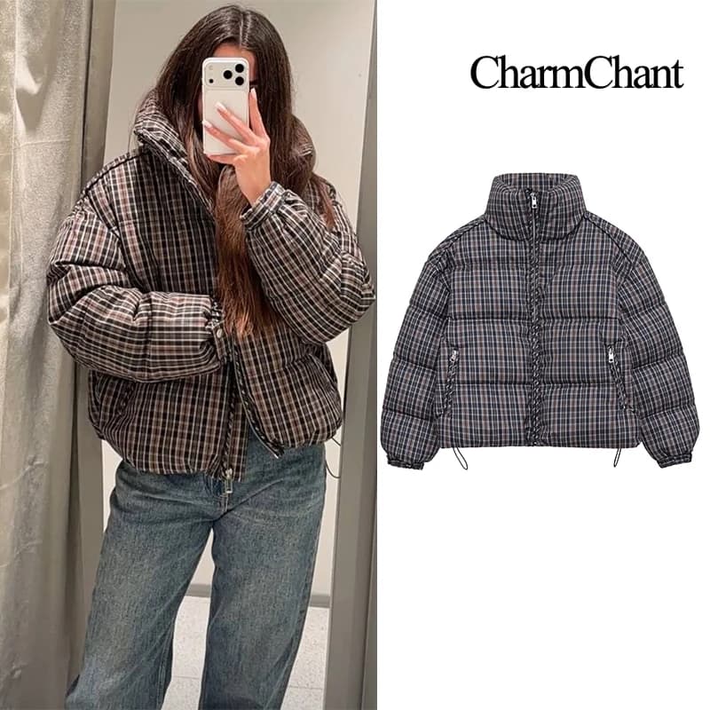 CharmChant col montant Plaid doudoune pour femmes hiver 2025 rembourrage manteau femme nouveau en ma