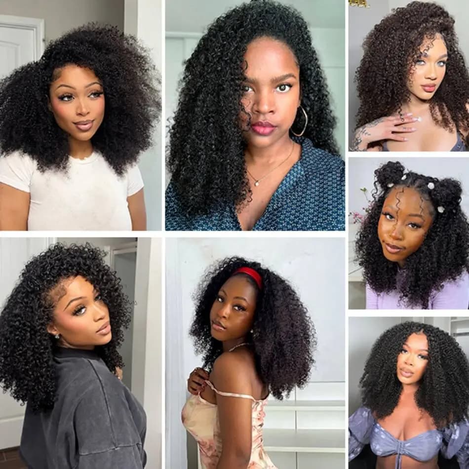 Perruque mi-tête 3-en-1 à ondulations bouclées en cheveux humains, densité 200, avec cordon de serra