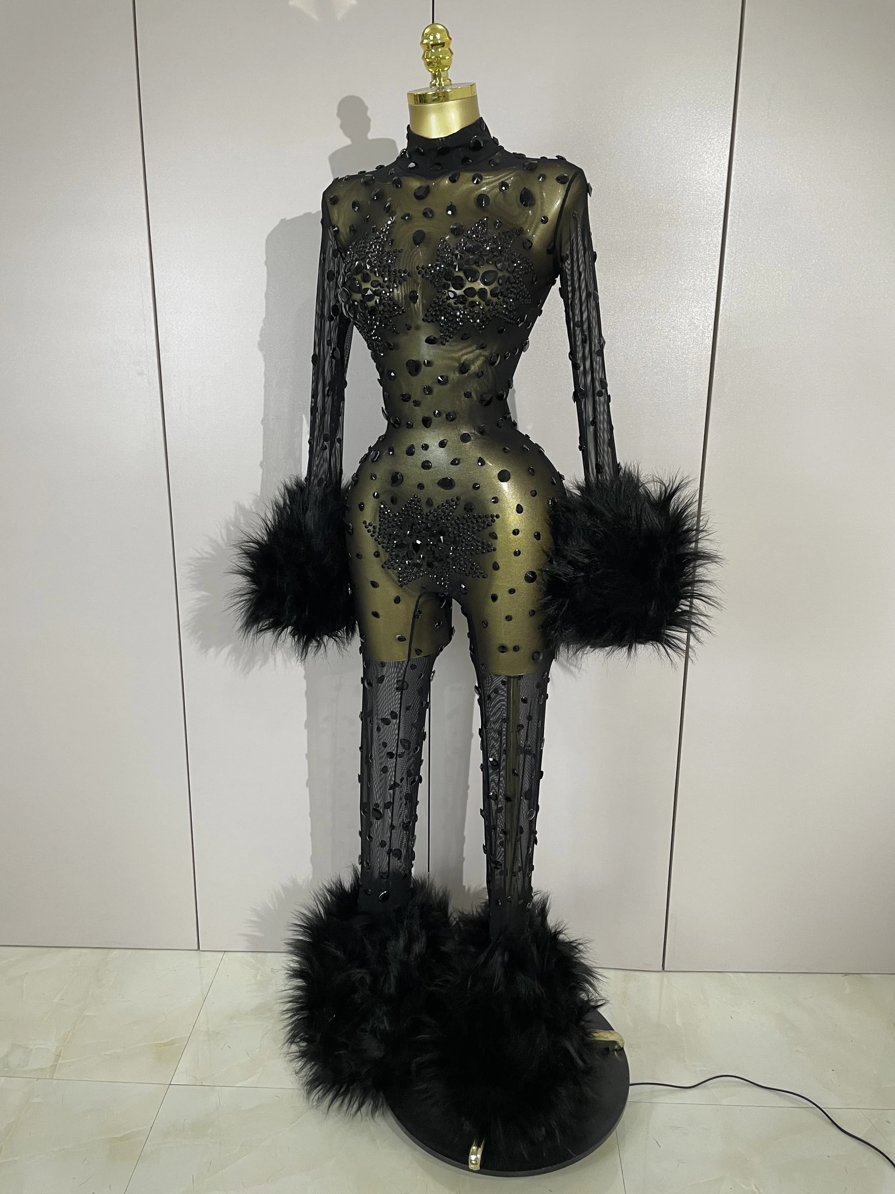 STOCK luxe diamant noir maille Transparent extensible à manches longues combinaison femmes Sexy Perf