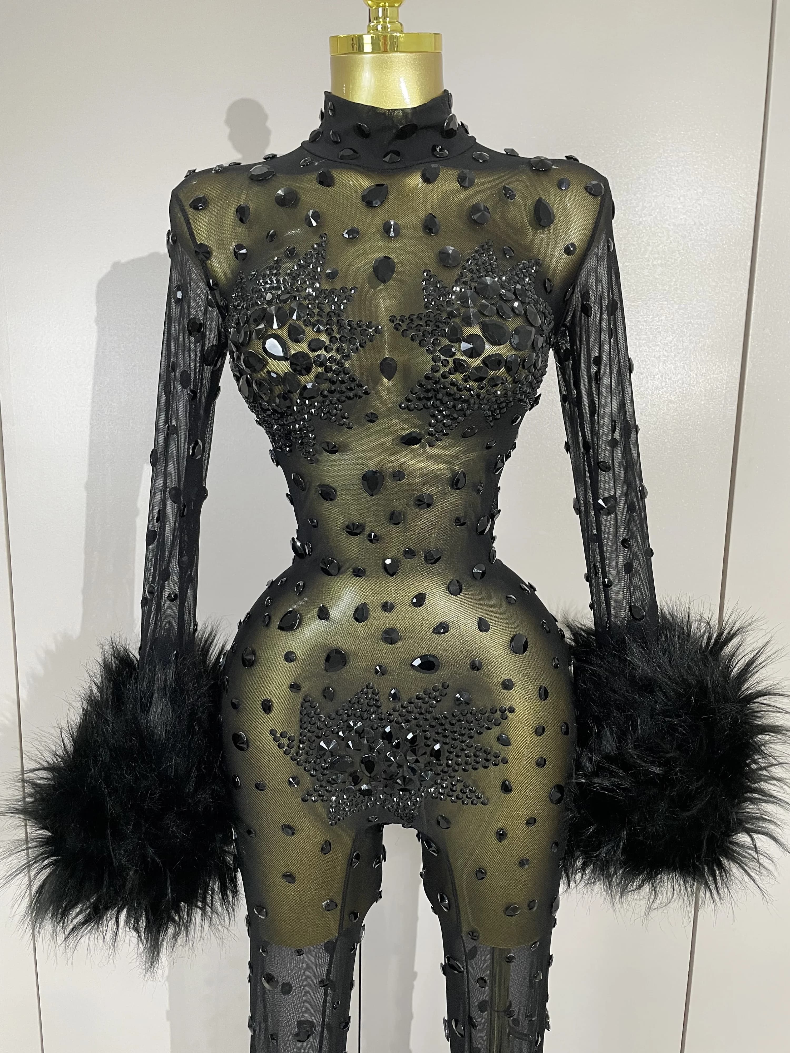 STOCK luxe diamant noir maille Transparent extensible à manches longues combinaison femmes Sexy Perf