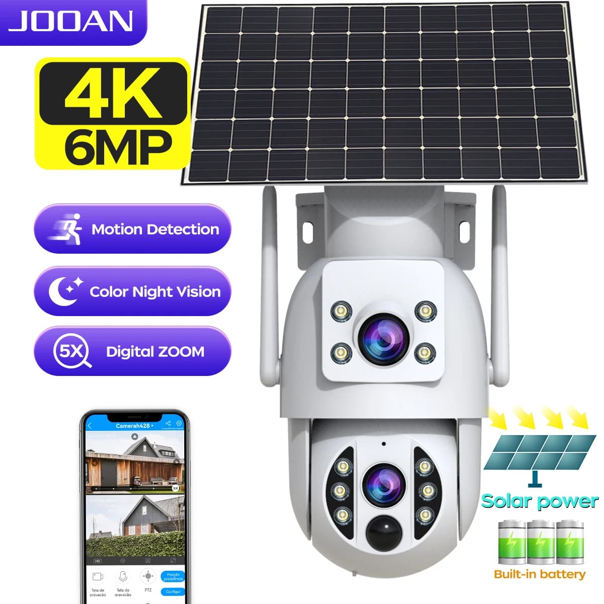 JOOAN 4K caméra de sécurité solaire sans fil extérieure double objectif caméra IP solaire PIR détect