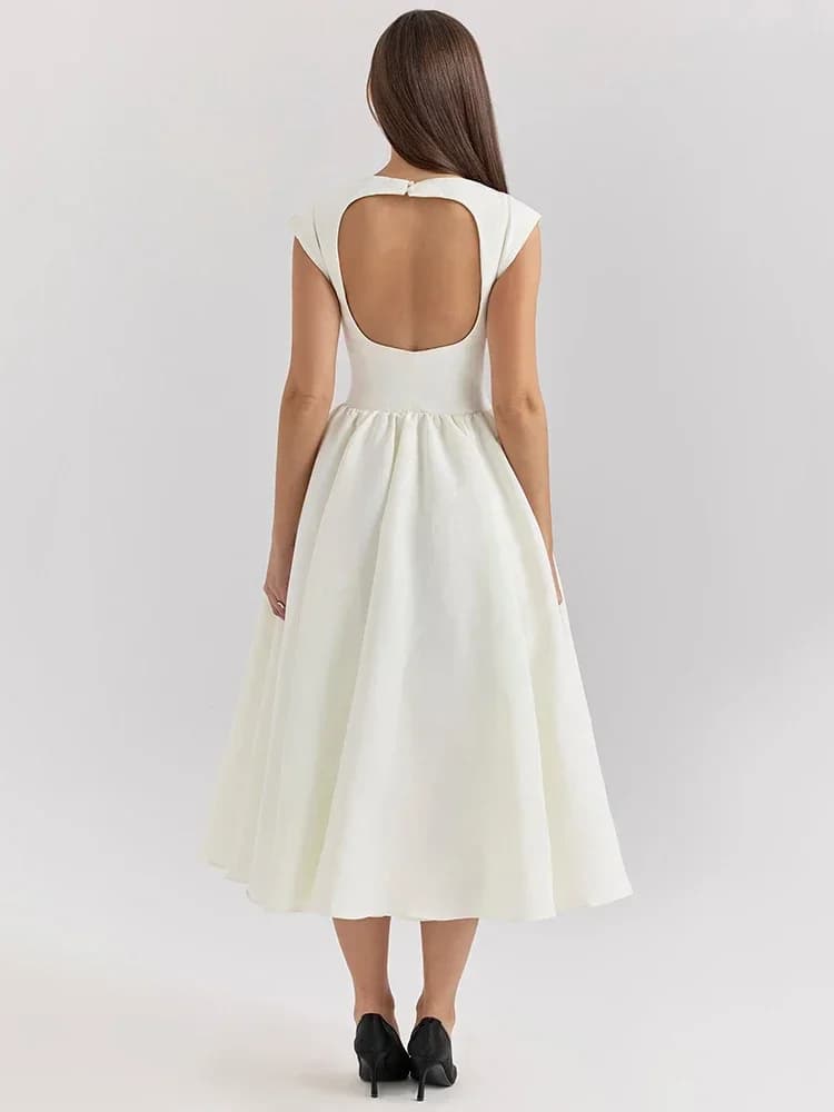 Oligai Robe Longue Crème Femme - Robe Élégante Manches Cape Dos Nu Coupe Cintrée Évasée pour Anniver