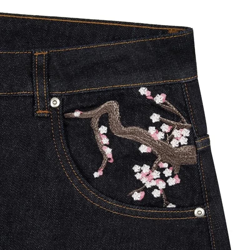 Y2K Baggy jeans fleur de cerisier lisière broderie Denim pantalon hommes femmes denim tissu américai
