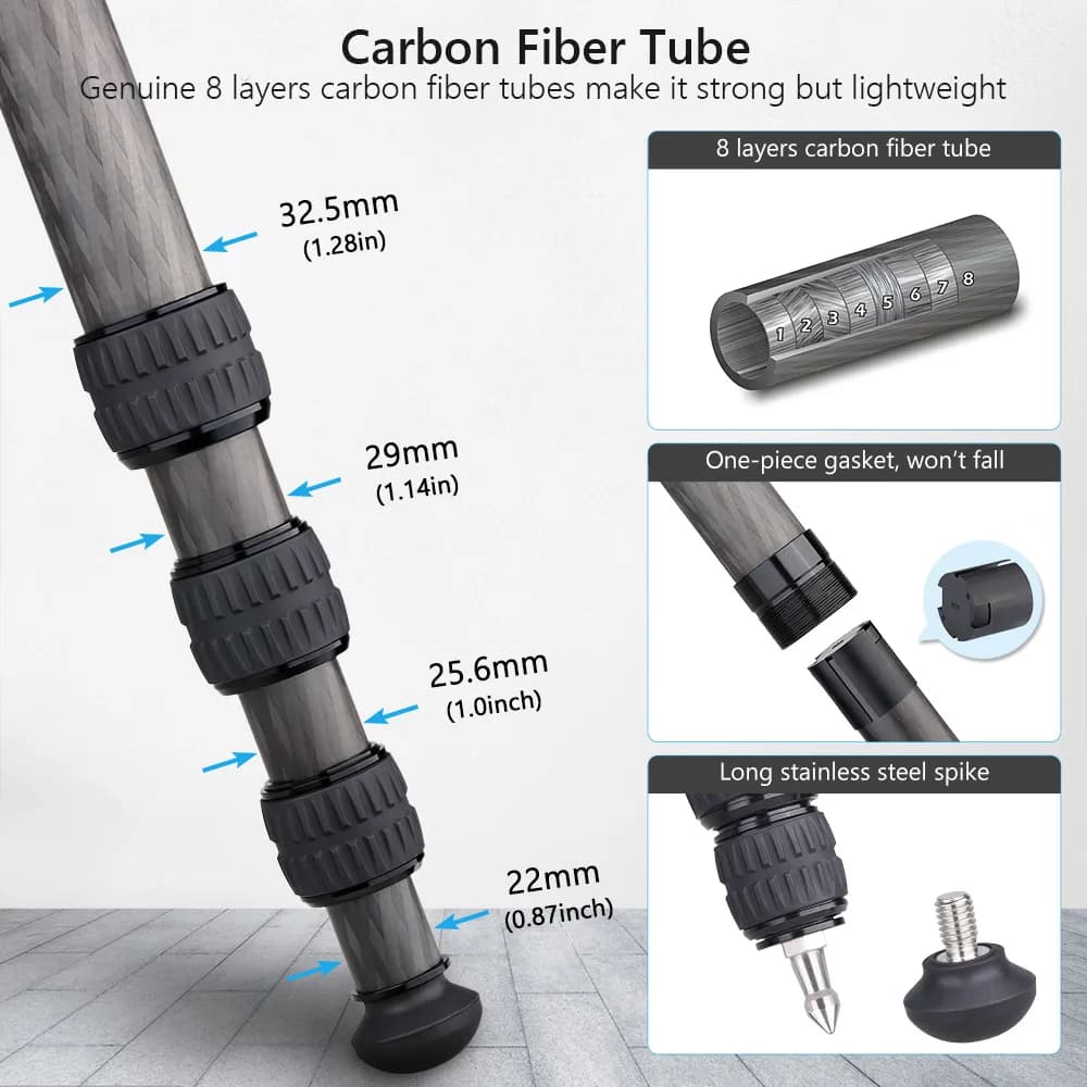 ELK 158cm Compact Carbon Fiber Trépied 32mm Tube rapDuty Camera Travel Trépied pour appareil photo r