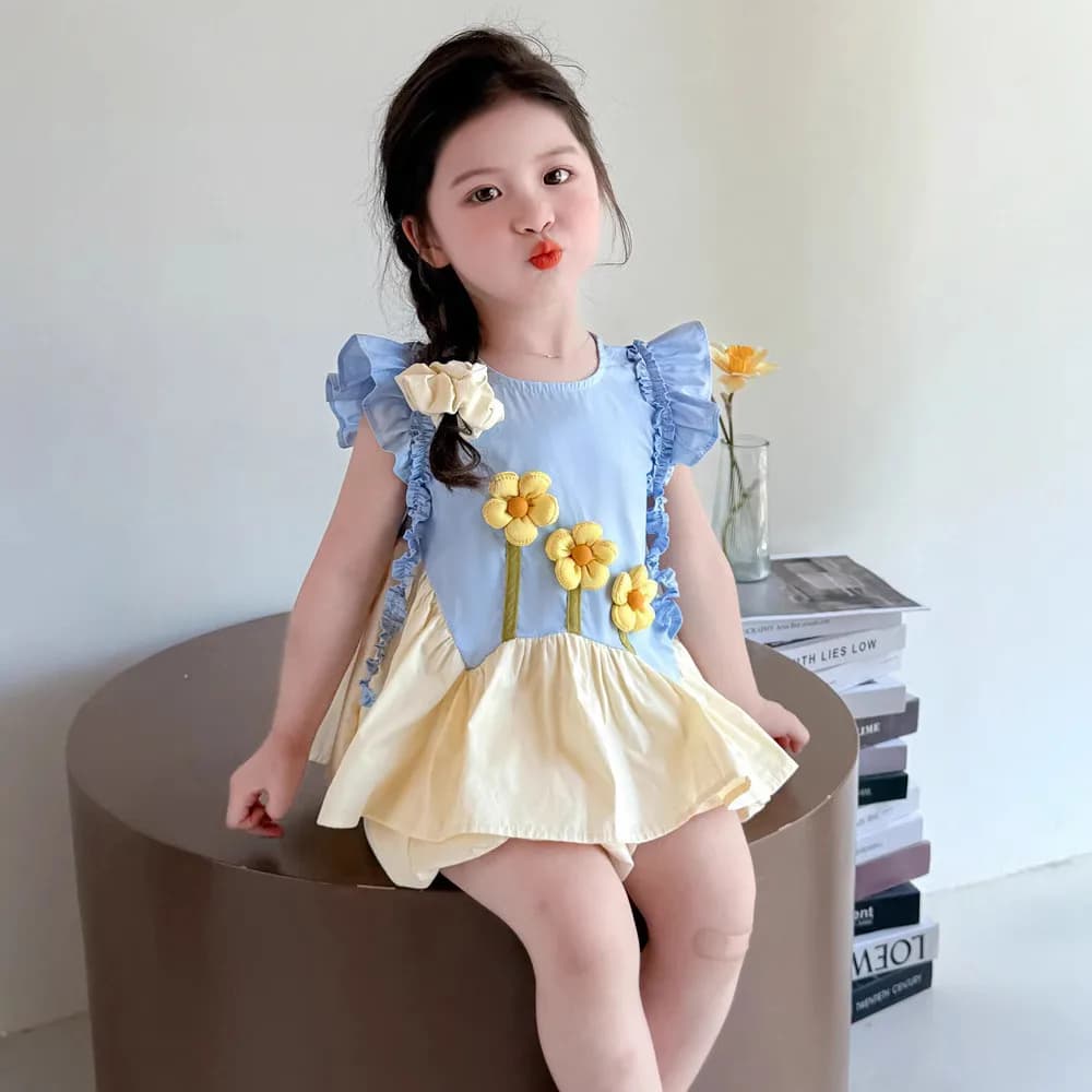 Ensemble deux pièces t-shirt à manches volantes + short, décontracté, Patchwork de fleurs 3D, vêteme