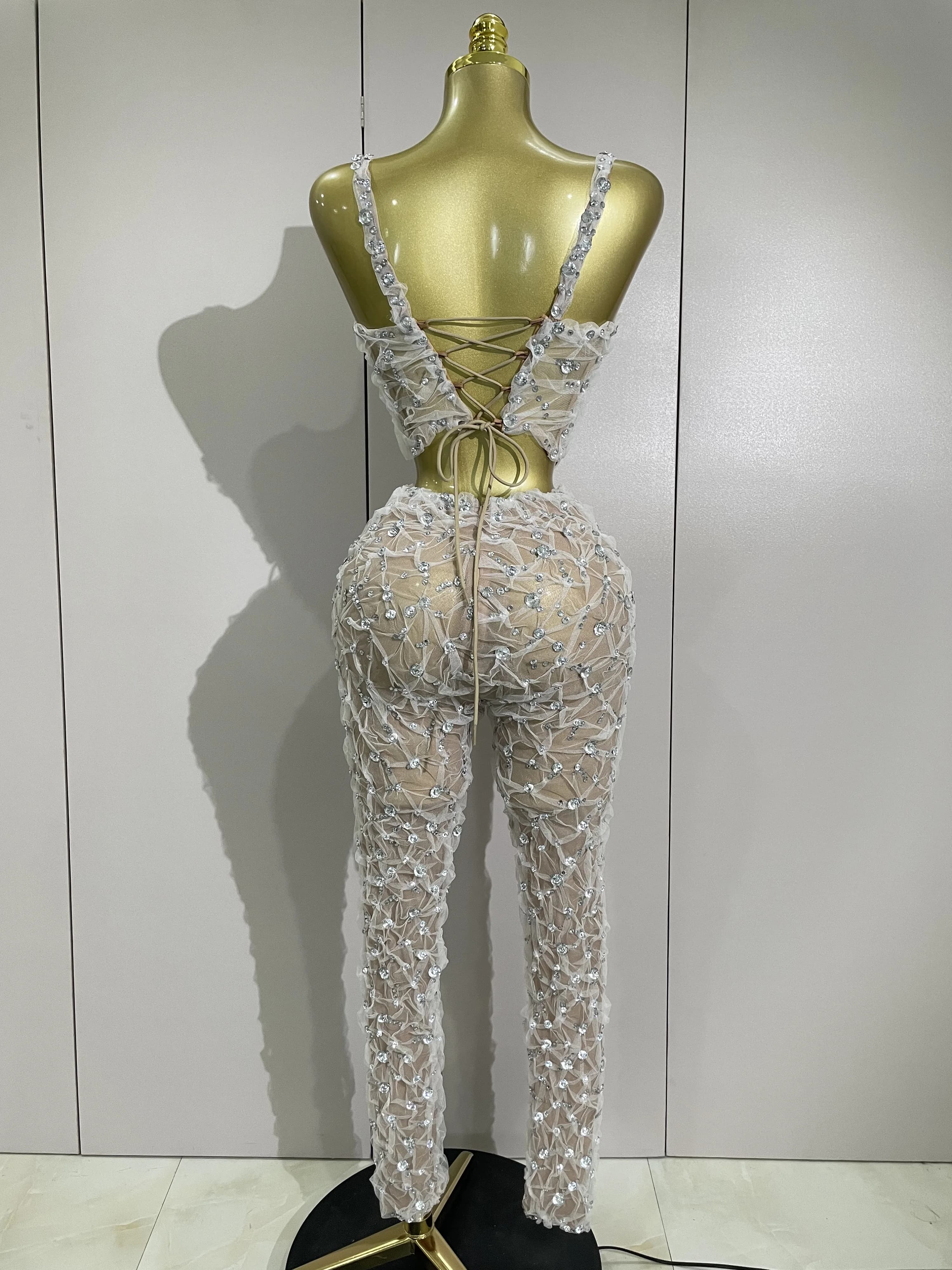 Ensemble deux pièces Sexy en dentelle pour femmes, haut à licou + pantalon Long, épissure de diamant