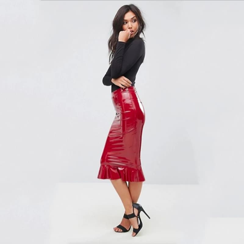 Jupe mi-longue à volants en faux latex pour femmes, jupes Hobble, cuir PU brillant, extensible, tamb