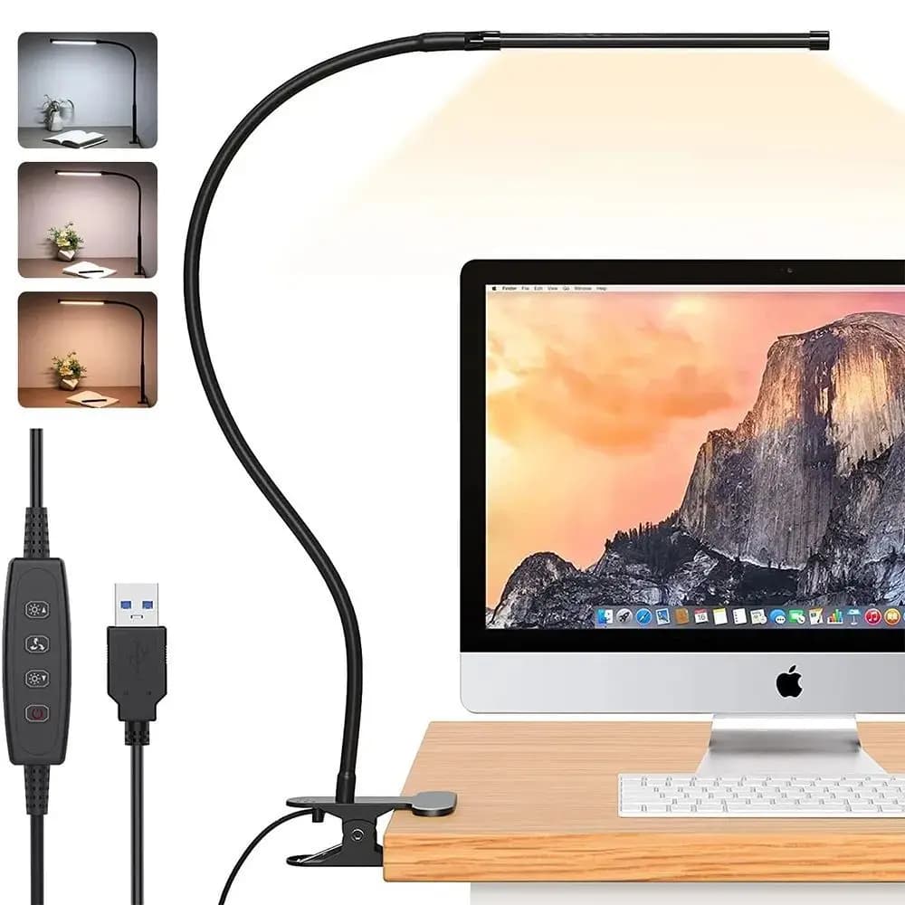 Lampe de bureau LED à clipser, lampe de lecture à intensité variable, soin des yeux, USB 360 ° Pince