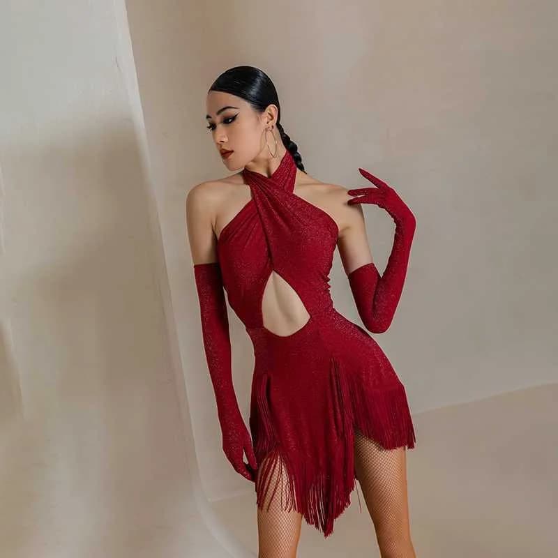 Robe de danse pour femmes, tenue de nuit, Costume de scène de danse rouge, jupe à franges, robe de d