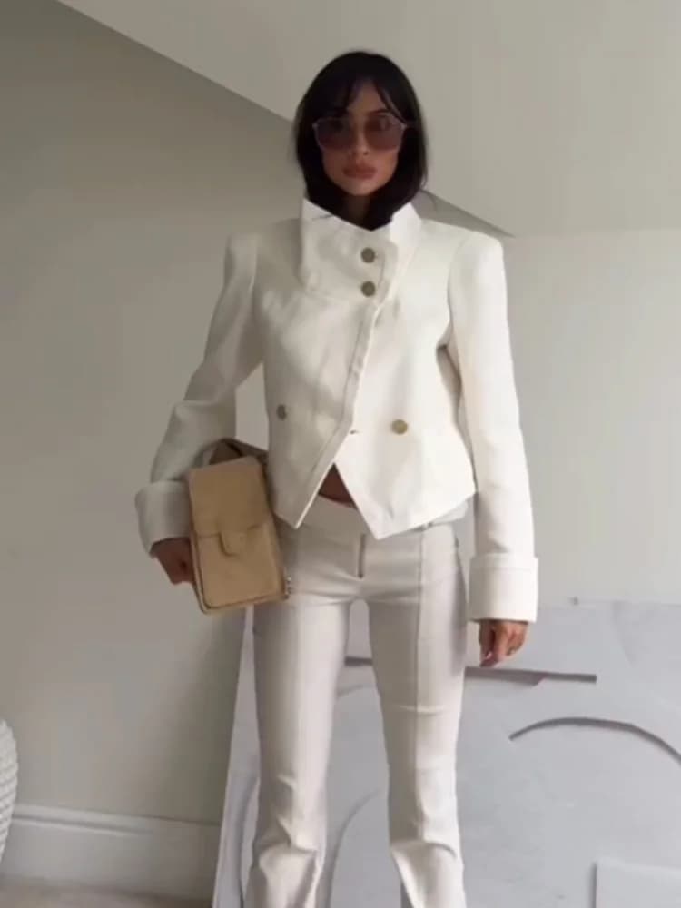 HH Femme 2026 Nouvelle Mode Manteau Court Uni à Col Montant et Double Boutonnage, Chic Vintage avec 