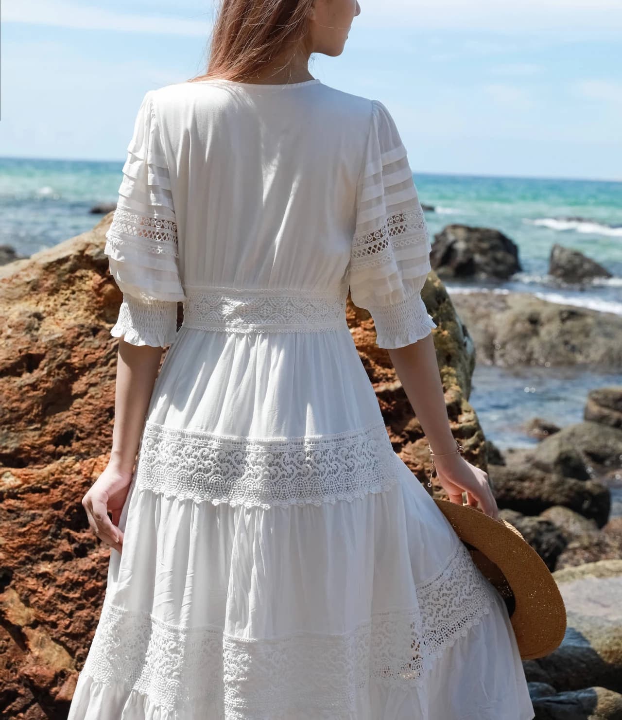 Robe longue en dentelle blanche 100% coton pour femmes, vintage, col en v, manches bouffantes, haute