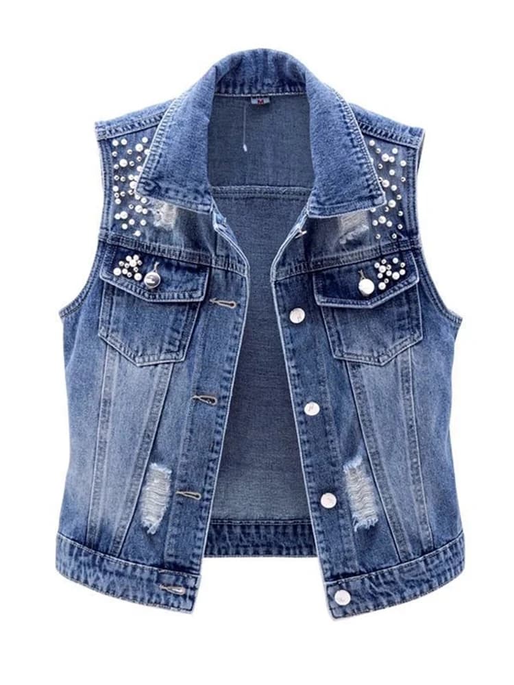 JMPRS Denim femmes gilet de luxe perles mode déchiré automne jean veste sans manches ample court man