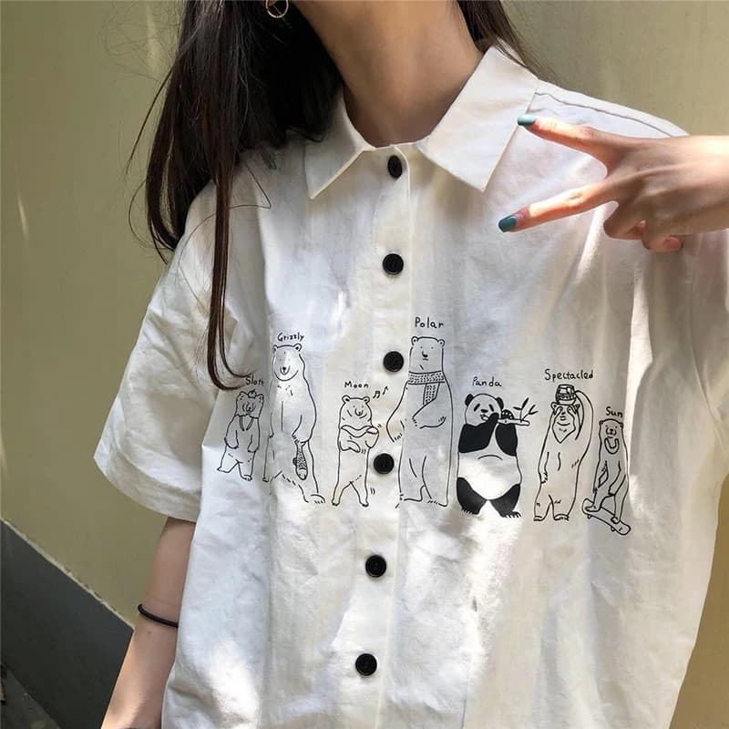 Chemise à Manches Courtes pour Femme, Streetwear, Imprimé de Dessin Animé, Mode Coréenne, Blanc, Été