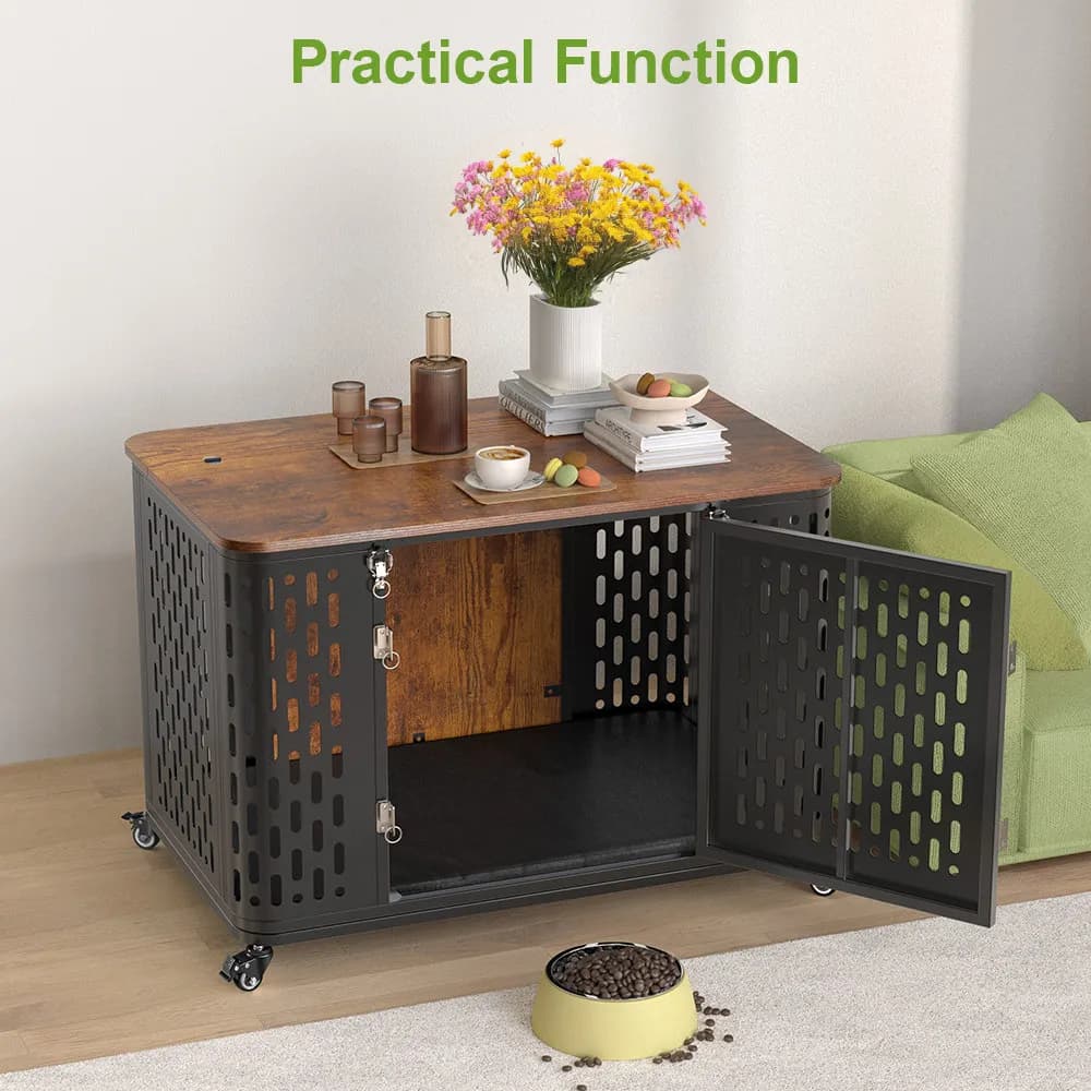 Caisse pour animaux de compagnie avec coussin, chenil en bois, roues flexibles, meubles polyvalents 