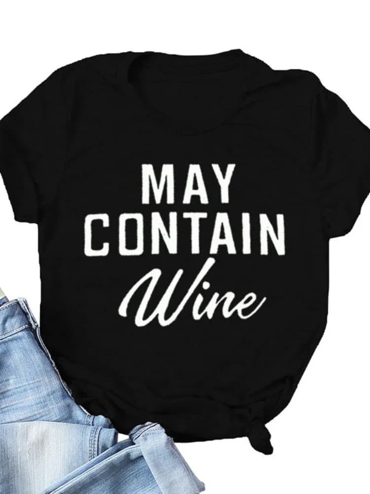T-shirt manches courtes col rond femme, ample, avec lettres de vin imprimées