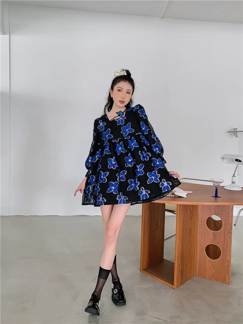 CHEERART – robe de fée en Organza bleu Royal, Jacquard, manches bouffantes, motif Floral, manches lo