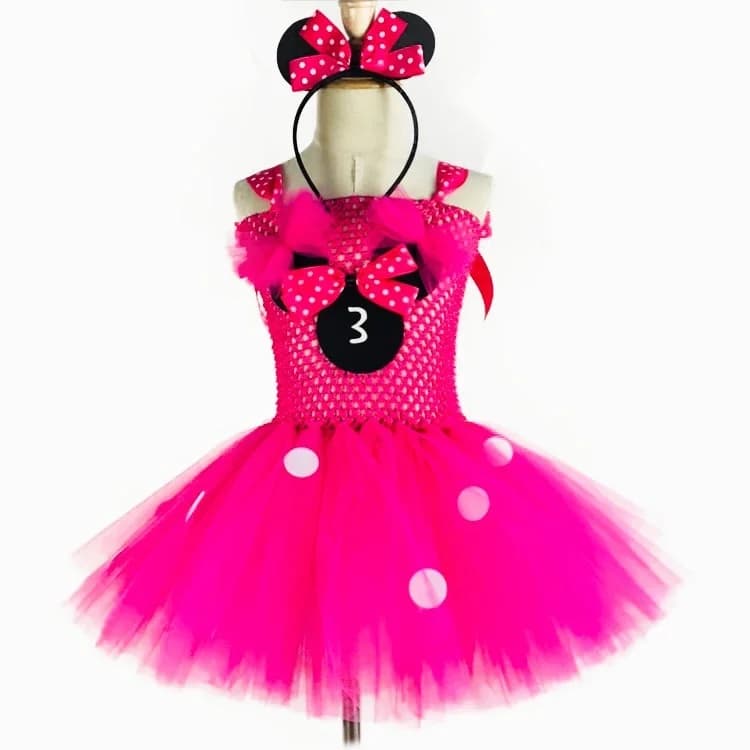 Robe Tutu Mickey rose pour filles mignonnes, en Tulle au Crochet, avec points blancs et nœud pour ch
