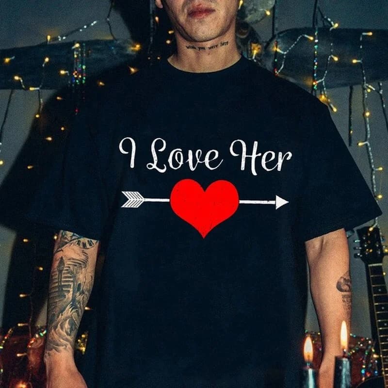 T-shirt col rond pour couple, estival et décontracté, avec I Love Him, King Queen, pour amoureux