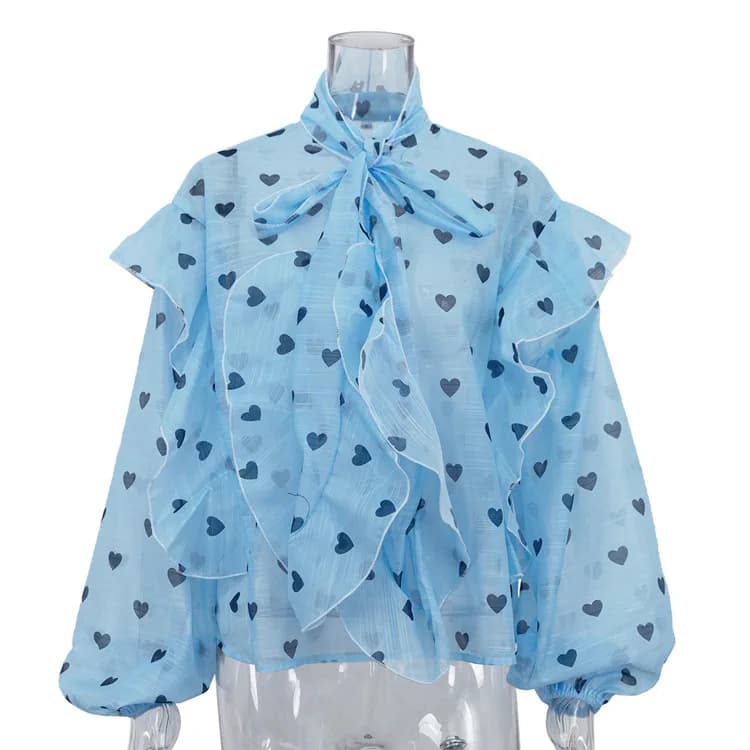 Nouvelle Blouse Femme Élégante Beige Imprimée 2026, Décontractée, Col à Lacets, Manches Bouffantes, 