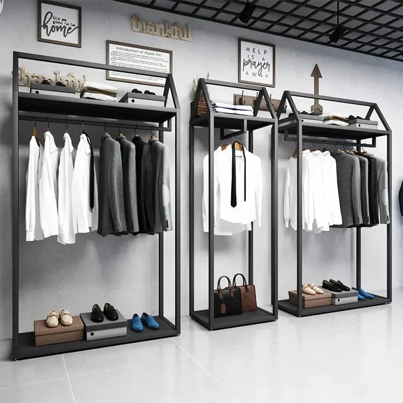 Étagère de présentation pour magasin de vêtements pour hommes, noire, double niveau, sur pied, pour 