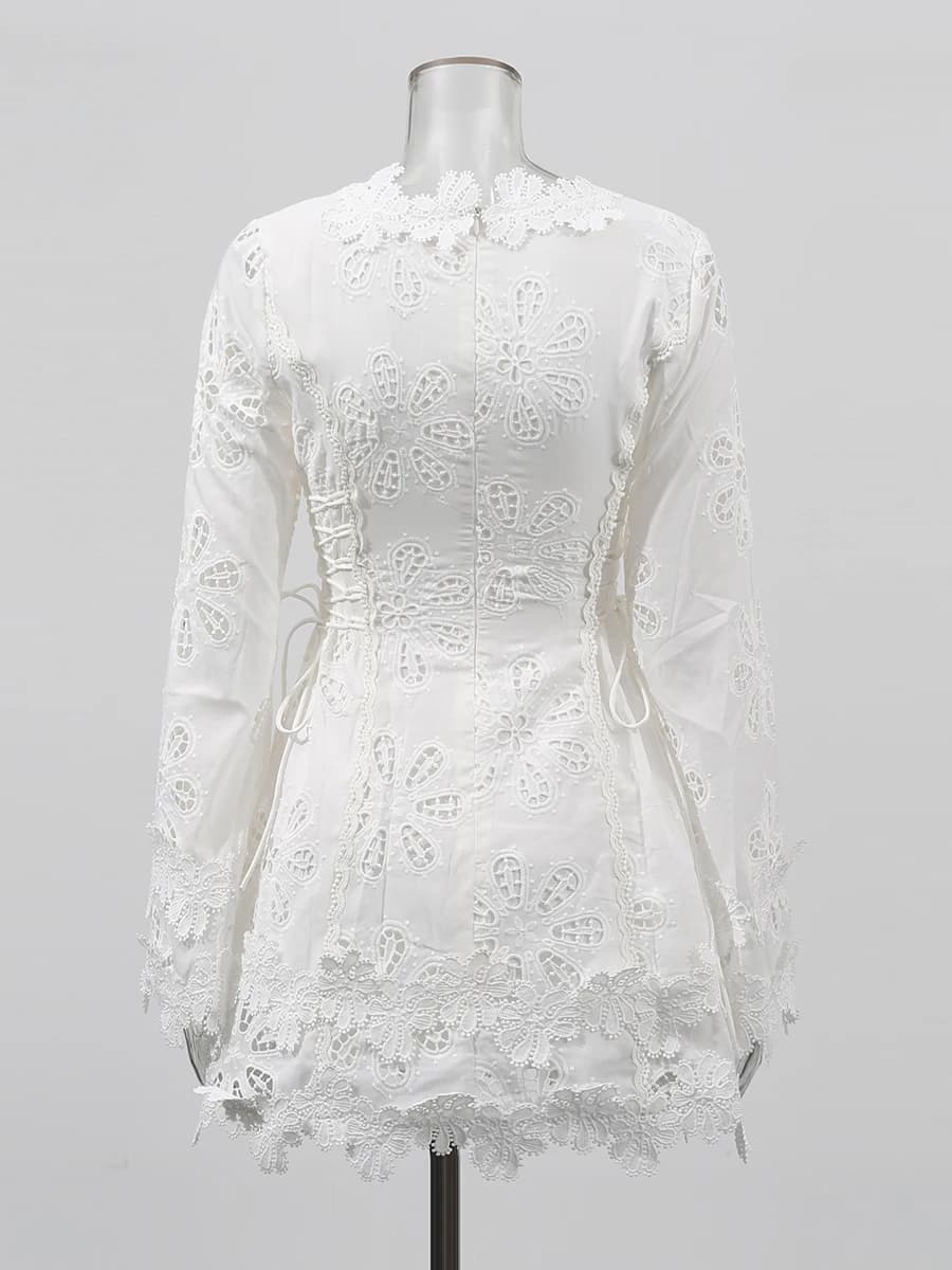 TWOTWINSTYLE solide évider Mini robes pour femmes col en V longue sans manches taille haute tempéram