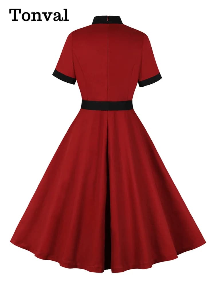 Tonval – robe longue en coton pour femmes, col à nœud, manches courtes, rétro, ceinturée, Style Vint