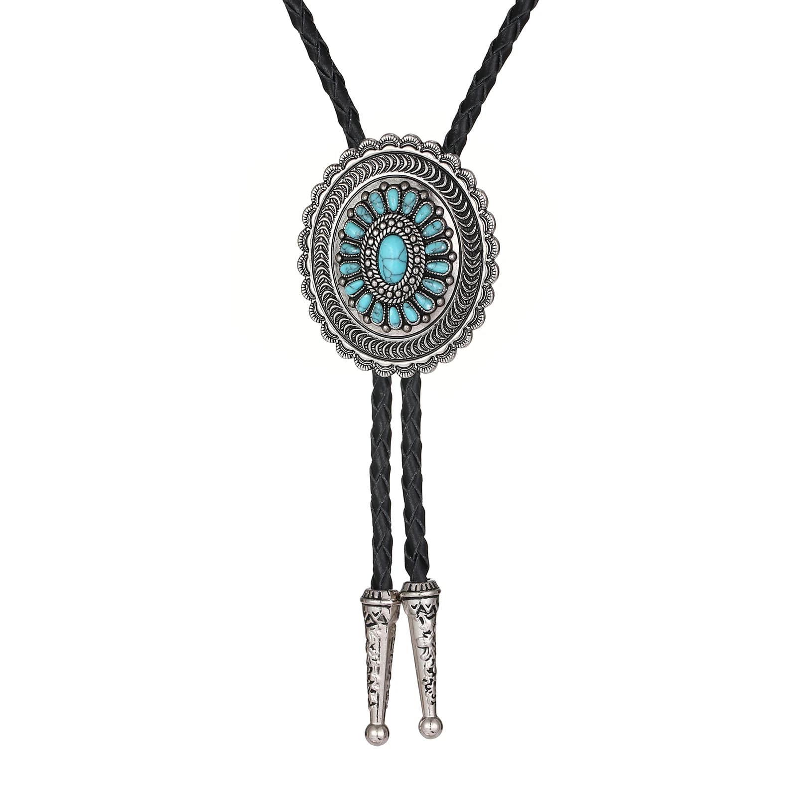 Cravate Bolo ethnique en turquoise motif tournesol