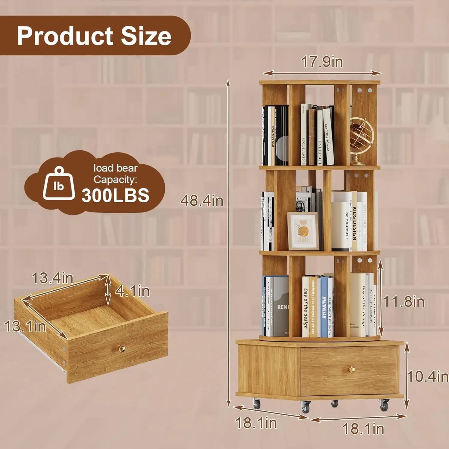 Étagère rotative à 3 niveaux avec tiroirs et roulettes, bibliothèque d'angle 360°, tour de rangement