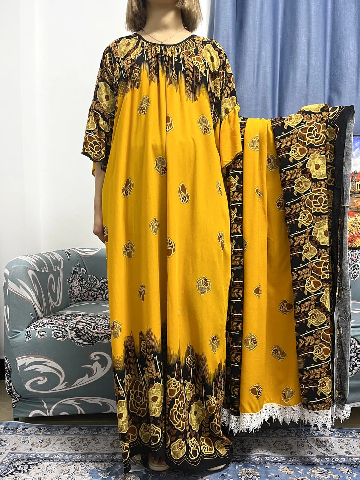 Robe africaine à col rond avec grande écharpe en dentelle pour femmes, robes musulmanes, Abayas Djel