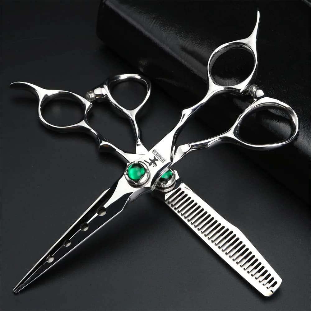 XUANFENG VG10 acier émeraude vis argent ciseaux à cheveux ciseaux de coupe de barbier et ciseaux ami