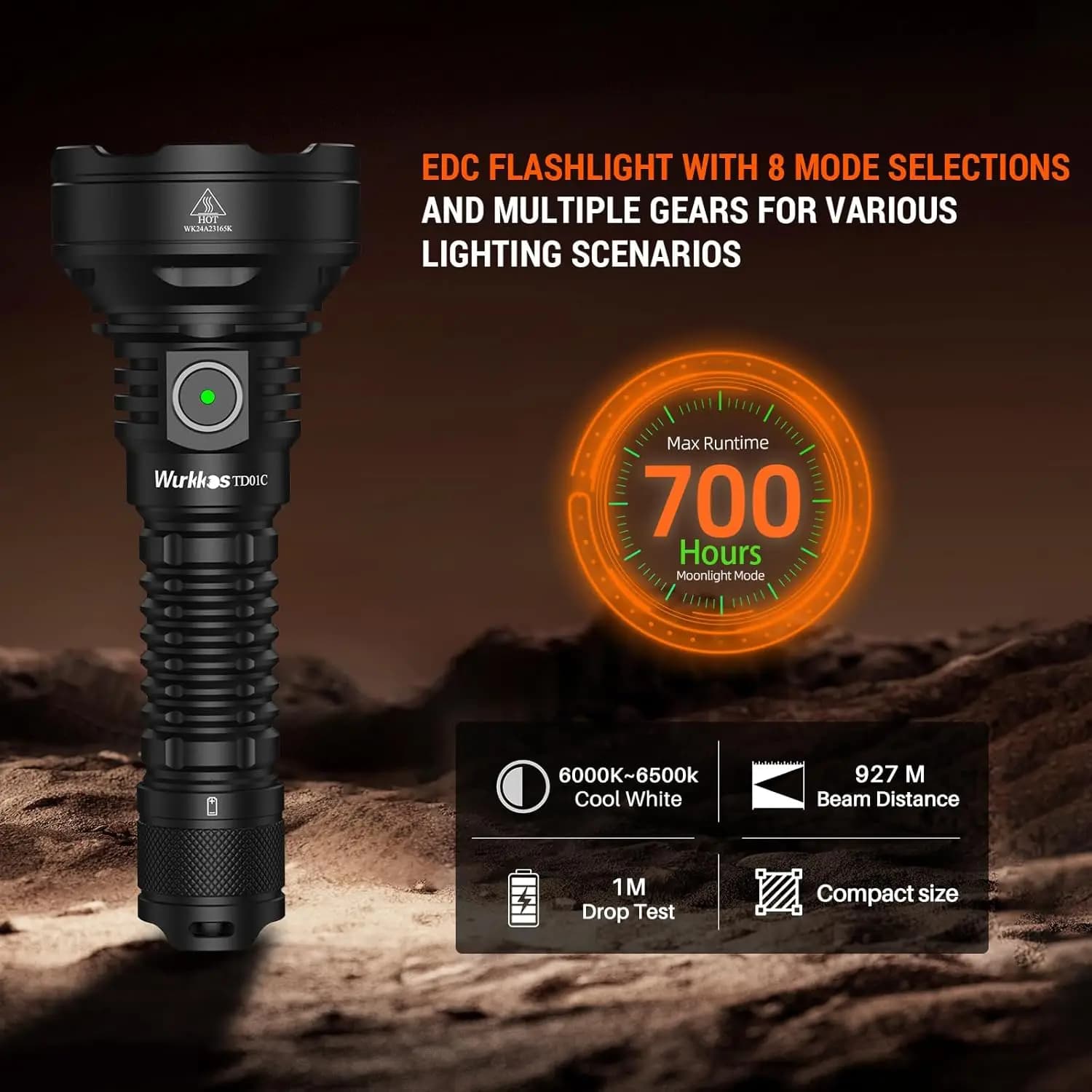 Lampe torche tactique Wurkkos TD01C, rechargeable par USB, 1800 lumens, portée ultra-longue, idéale 