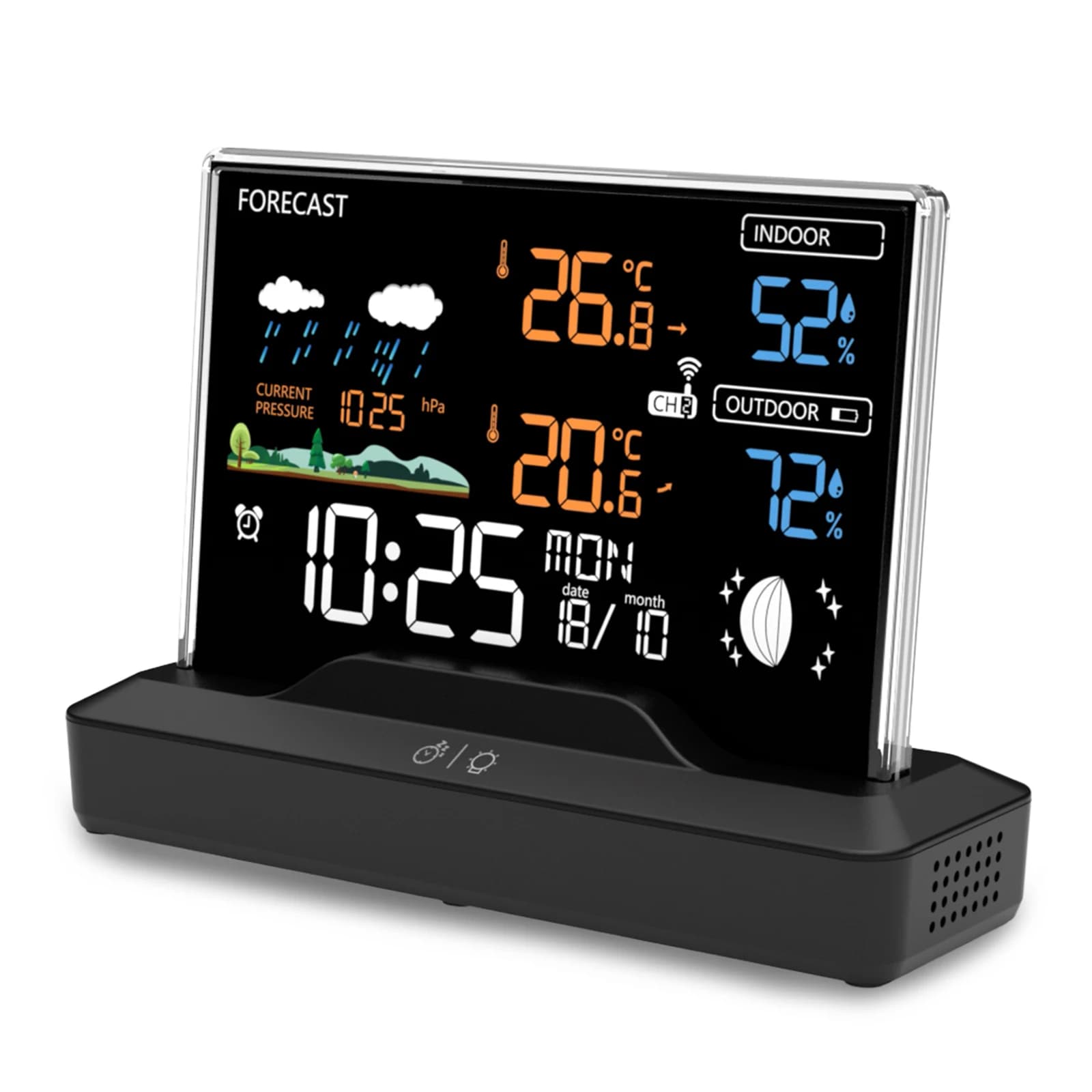 Station météo sans fil, réveil RF domestique, écran couleur VA, thermomètre intérieur/extérieur, hyg