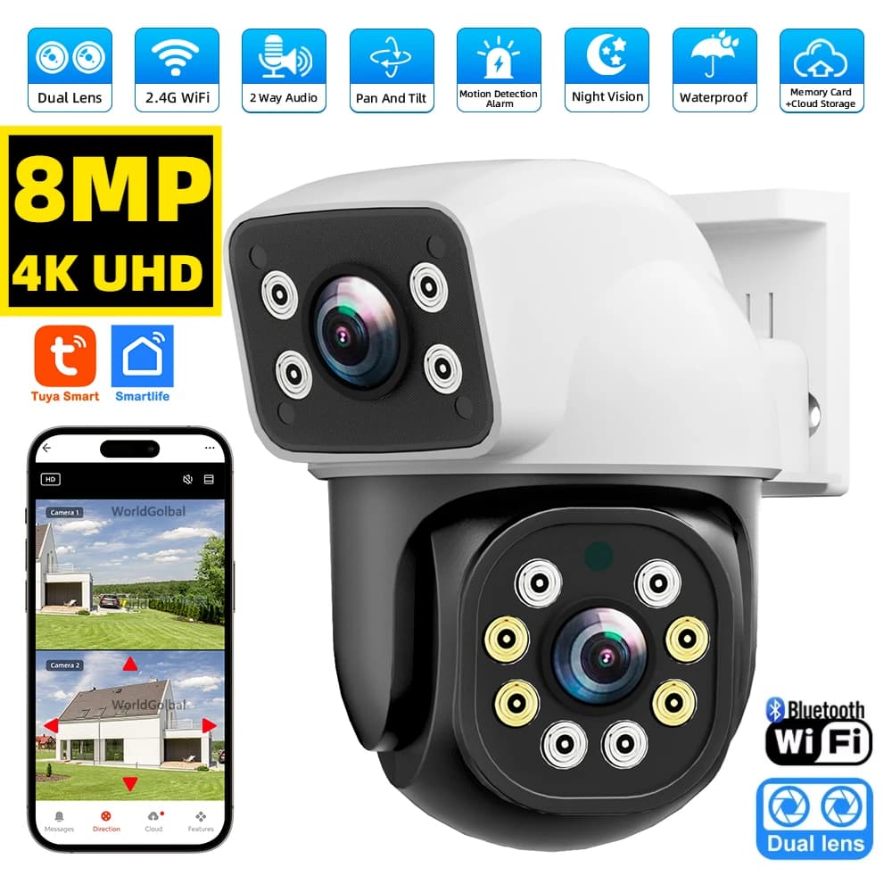 Tuya 8MP 4K WIFI caméra IP PTZ double objectif double écran détection de mouvement couleur nuit camé
