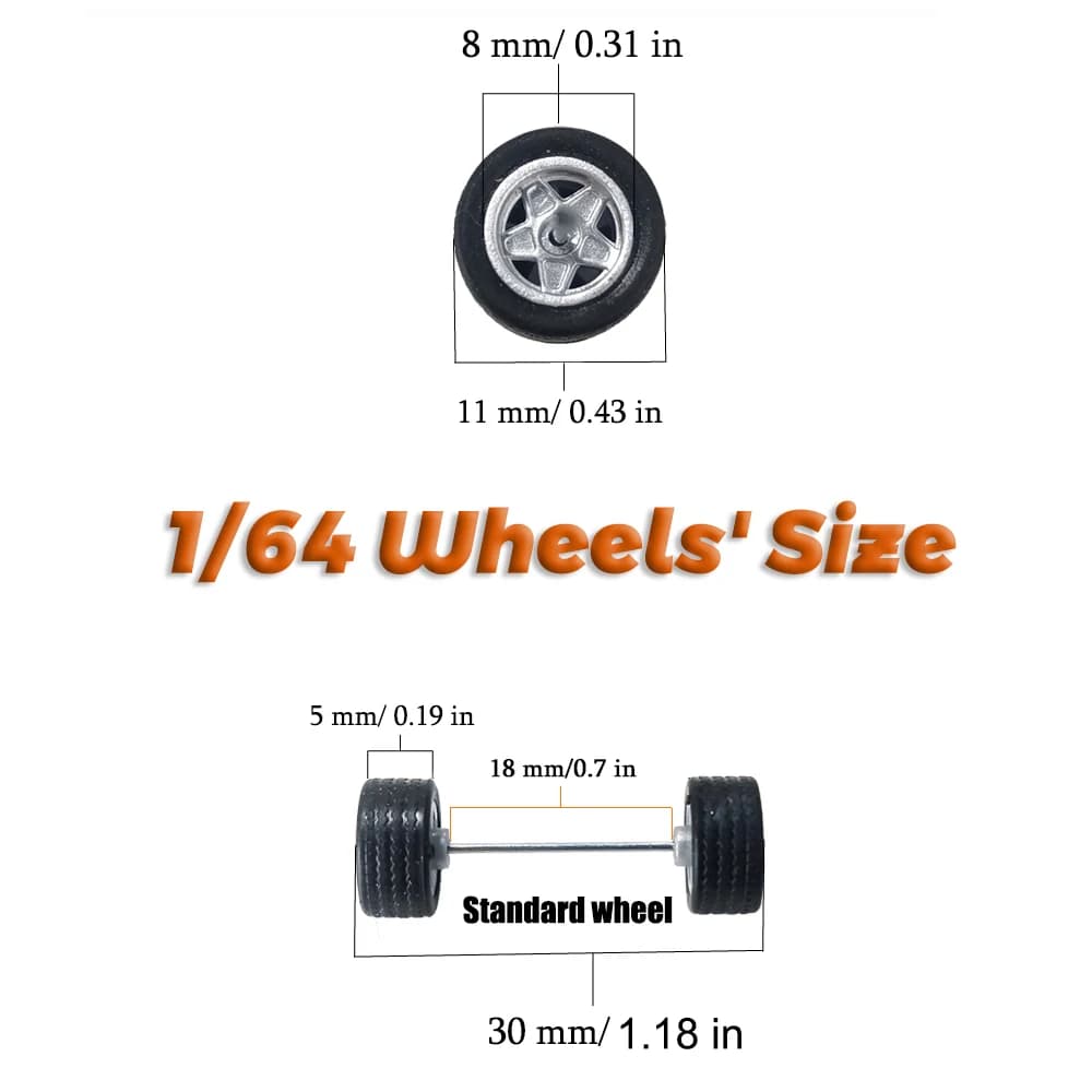 Roues 1/64 avec pneus fixes en caoutchouc, dix rayons pour modèle de jouet, voitures moulées sous pr