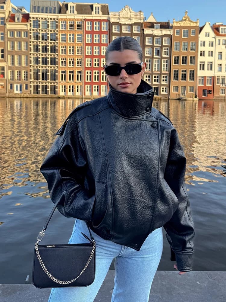 HH Veste en similicuir pour femme Printemps Automne 2026, style motard vintage oversize, coupe ample
