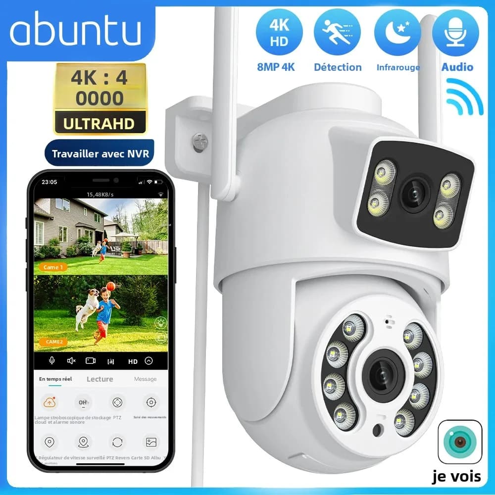 ICSEE caméra de sécurité Wifi extérieure 8MP double objectif double écran caméra de Surveillance dét