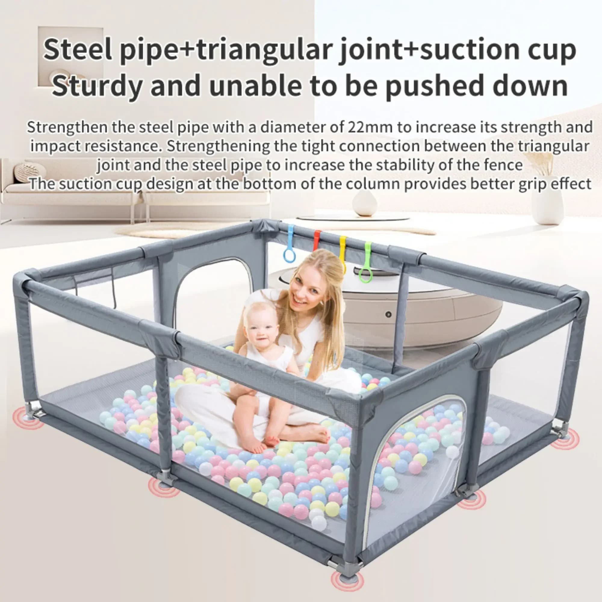 Parc de jeu pour bébé gris clair avec anneaux de traction, barrière de sécurité pour enfant, boîte à