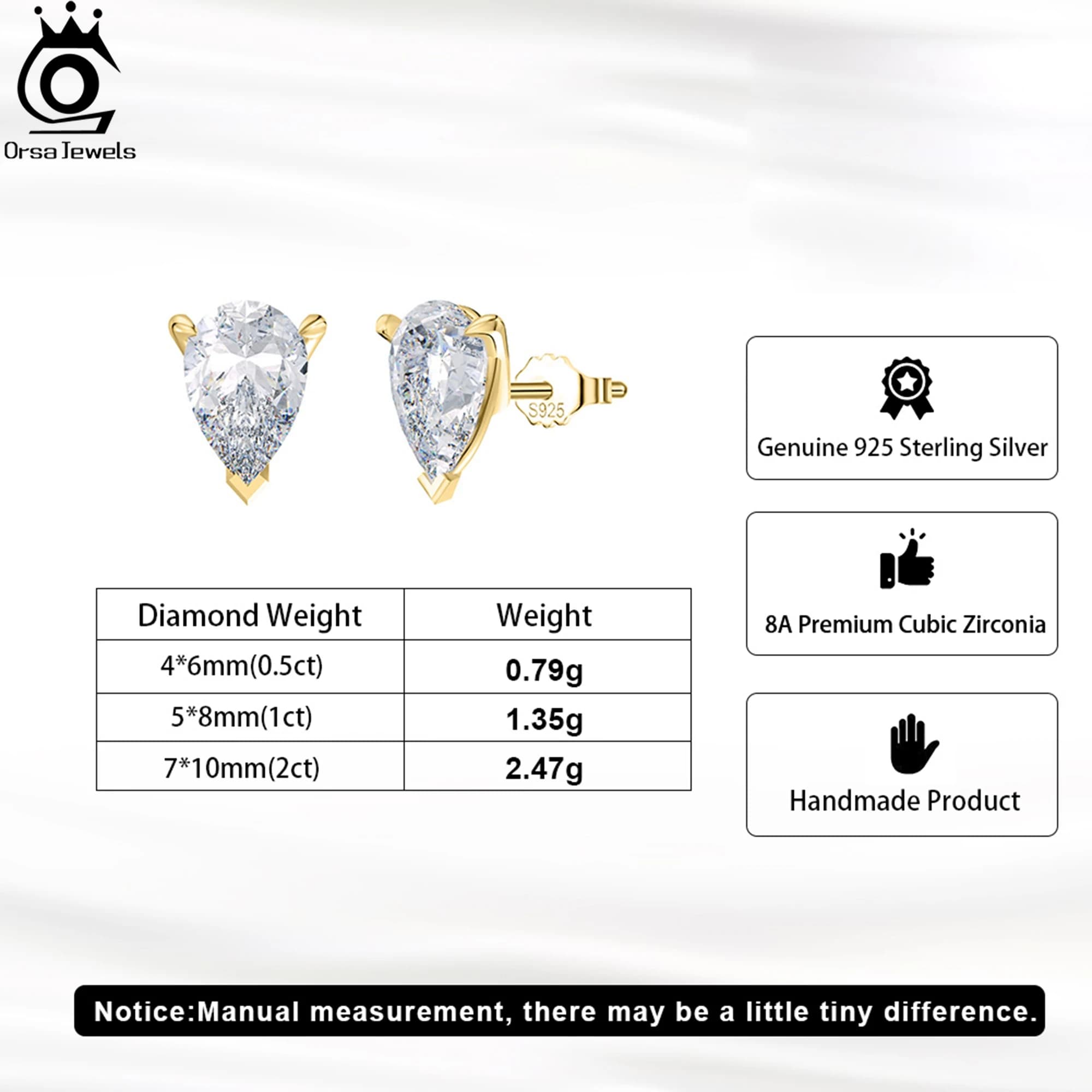 ORSA JEWELS Boucles d'oreilles en argent sterling 925 avec pierre de zircone coupée en forme de gout