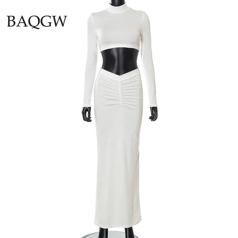 Ensemble de robe deux pièces à manches longues pour femmes, haut court sexy, jupes maxi, robe froncé