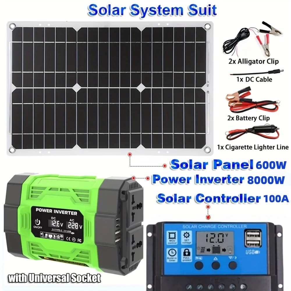 Kit de système solaire 8000W 12V à AC 220V/110V, onduleur + panneau solaire 600W + contrôleur 100A, 