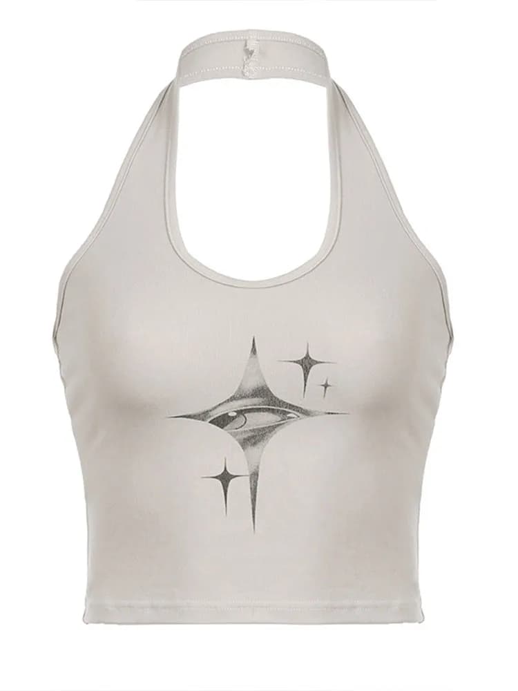 Y2k SAF's Eyes Retro Print Face Neck Jarretelles GlaWomen's Summer, Mode coréenne, Haut court mince 