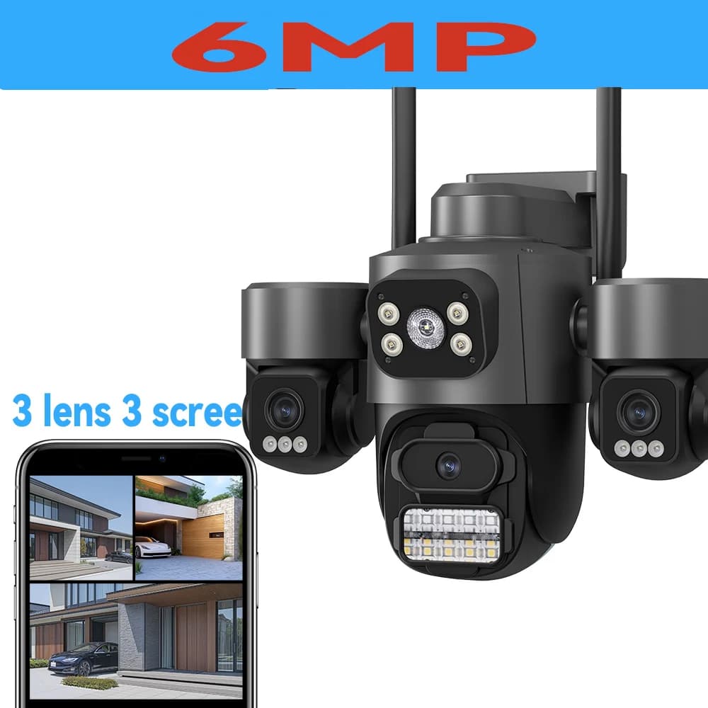 Caméra de sécurité WiFi ICsee 6K, trois écrans 12MP CCTV, triple objectif 6MP 360 °   Surveillance d