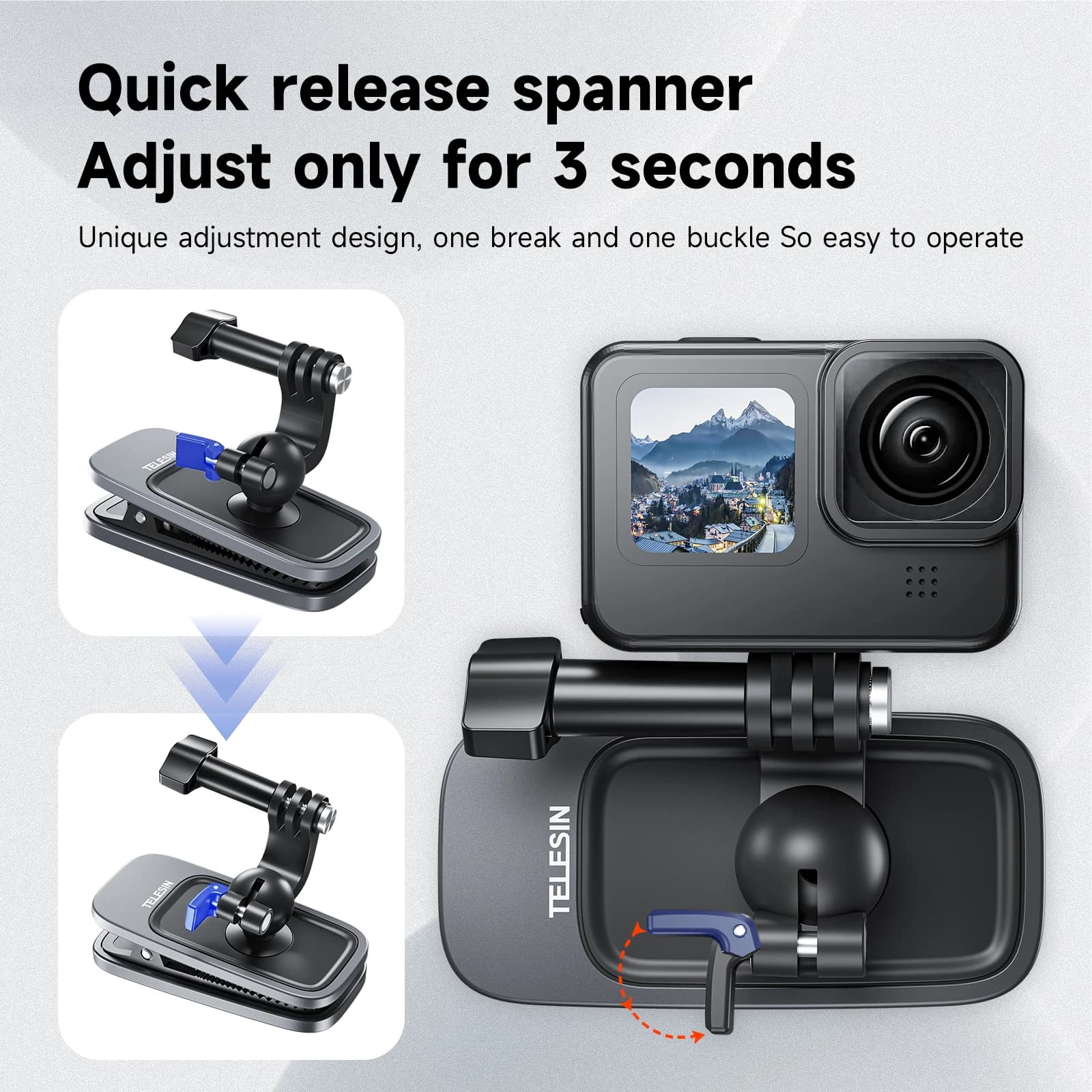 TELESIN 360 °   Support de pince à dos magnétique rotatif pour GoPro Hero 13 12 11 10 9 8 7 Insta360