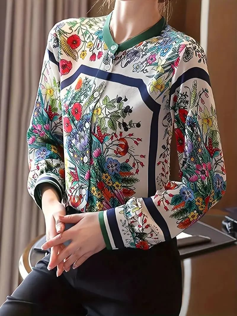 Style chinois fleur imprimé dames chemises mode femmes blouses printemps été à manches longues hauts